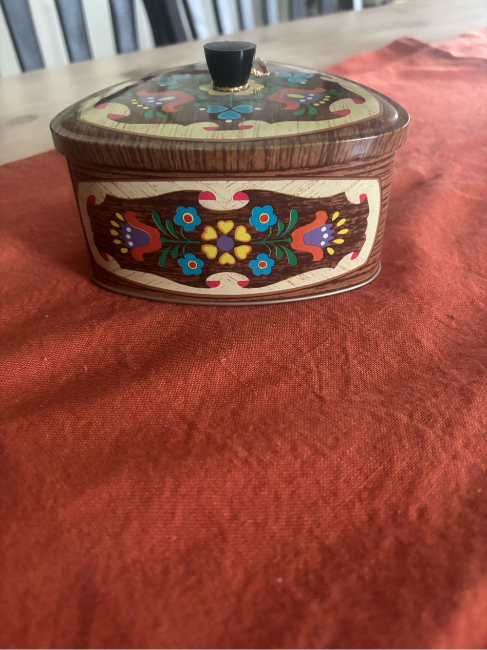 Decorative Floral Trinket tin Box in Brown with Multicolor Accents